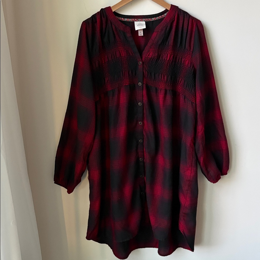 Knox Rose Plaid Smocked Tiered Flannel Dress in Red & Black Button Front Size XL